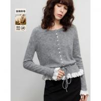 【含绵羊毛】2026春甜美圆领贝壳扣线衫撞色花边拼接抽绳针织衫上衣
