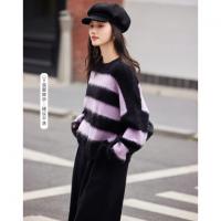 【时尚慵懒风】冬季圆领堆堆袖拉绒条纹气质拼色针织衫女上衣