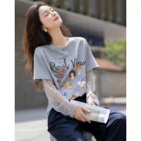【马卡龙穿搭】夏季设计感假两件拼接打底衫印花云氧棉女式t恤