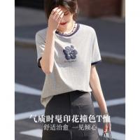 【气质时髦印花】春秋都市休闲撞色圆领短袖上衣棉氨女士t恤