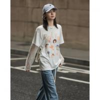 【纯棉轻呼吸】春季气质蕾丝拼接袖印花圆领宽松舒适遮肉女式t恤