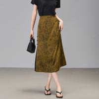 【秘境情书】秋国风新中式后片橡筋腰侧开叉A字气质通勤半身裙女