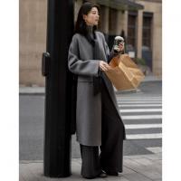 【精英衣橱】冬季绵羊毛撞色飘带领大衣直筒中长气质女式毛呢外套