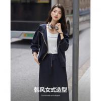 【韩风空气层套装】秋季连帽撞色拉链上衣松紧腰直筒半裙女两件套