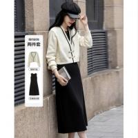 【呼吸感套装】秋简约风四粒扣装饰撞色开衫无袖连衣裙两件套女