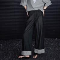 【云感棉混纺】2026春高腰直筒条纹拼接翻脚口小个子气质女式牛仔裤