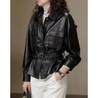 【黑巧贝果】2026春机车风翻领收腰系带光泽感PU大口袋女皮衣外套