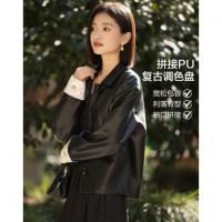 【黑巧贝果】2026春轻复古调色盘翻领袖口撞色拼接PU女式皮衣外套