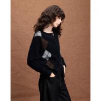 德玛纳复古绵羊毛菱格纹开衫女冬季绒感圆领舒适针织衫上衣