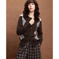 德玛纳复古绵羊毛菱格纹开衫女冬季绒感圆领舒适针织衫上衣