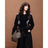 德玛纳复古绵羊毛菱格纹开衫女冬季绒感圆领舒适针织衫上衣