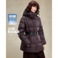 【5A抗菌蓄热】冬季连帽90鸭绒腰带束腰户外中长款女式羽绒服