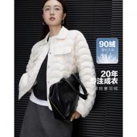 【轻薄暖结合】冬季都市90鸭绒翻领波浪纹辑线前短后长女羽绒服