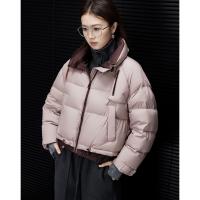 【90鸭绒】冬季抽绳撞色立领四层工艺方格辑线宽松女面包羽绒服