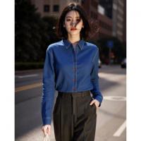 【富含云氧棉】秋季翻领字母绣花撞色纽扣衬衫宽松牛仔衬衣女上衣