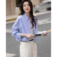 【腰以下都是腿】春季小个子翻领条纹衬衫松紧下摆遮肉衬衣女上衣