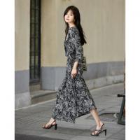 【优雅的律动】春季法式船领收腰碎花连肩围裹复片式女连衣裙