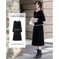 【布朗尼小姐】秋法式假两件丝绒立领木耳边茶歇裙荷叶边连衣裙