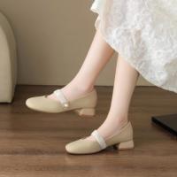 秋季新款简约玛丽珍网纱条带粗跟女单鞋
