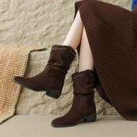 【休闲通勤】25秋冬时尚简约百搭圆口铆钉堆堆靴女短靴骑士靴