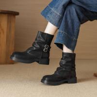潮酷冬季时尚复古百搭双扣方圆头裤靴堆堆靴西部靴