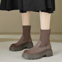 2023秋冬新款美拉德色系时尚通勤百搭纯色绒面圆头擦色瘦瘦靴