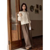 【竖彩条纹显瘦阔腿裤】春秋复古高腰挺括含绵羊毛柔软休闲长裤女