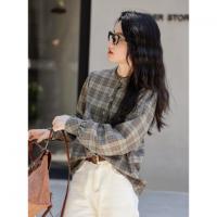 【格调职场】春秋立领叠穿花边拼接衬衣女高级感减龄格子衬衫女