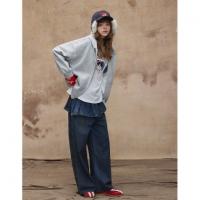 唐狮2026秋季新款针织外套女印花连帽灰色韩系慵懒风休闲开衫外套