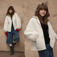 唐狮冬季新款连帽棉衣女外套夹棉假两件短款百搭菱形格棉袄