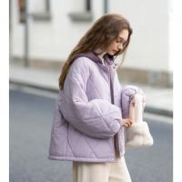 唐狮冬季新款连帽棉衣女外套夹棉假两件短款百搭菱形格棉袄