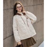 唐狮2026秋冬季女士拼接撞色连帽短款棉衣菱形格时尚百搭设计感