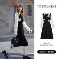 唐狮2026秋冬季连衣裙女V领假两件拼接长裙消化设计少女感温柔系