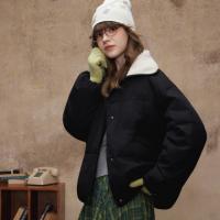 唐狮2026冬季短款棉衣女翻领仿羔毛拼接高级感慵懒风时尚韩系穿搭
