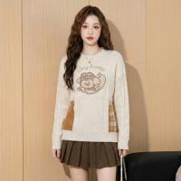 唐狮2025年毛衣女秋冬治愈系甜美女圆领前胸贴布绣图案拼块毛线衫