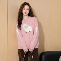 唐狮2025年毛衣女秋冬款可爱小羊女士圆领前胸袖子图案提花毛线衫
