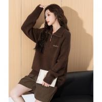 唐狮2026秋冬季女毛衣女翻领拉链半开襟净色小细节毛线衫美式复古