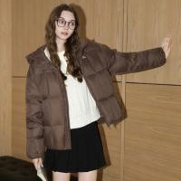 唐狮2026冬款羽绒服女款高蓬左胸印花连帽绗缝格子短款羽绒服