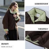 唐狮2026冬季新款短款羽绒服女撞色灯芯绒拼接蝙蝠袖立领防寒保暖