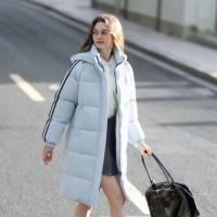 唐狮2025冬季长款棉衣女淡蓝色连帽撞色织带加厚保暖美式学院风