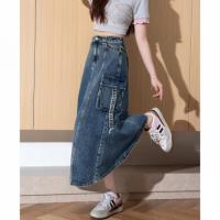 唐狮25秋冬季新款牛仔半身长裙女工装风飘带设计大口袋高腰显瘦X1