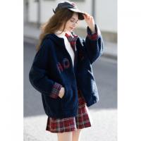 唐狮2026冬季短款外套女连帽拼接格纹仿羊羔毛加厚保暖藏青色外套