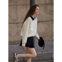 唐狮春季新款女polo短款撞色宽松显瘦长袖上衣白色爆款设计感