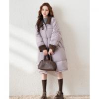 唐狮2026冬季长款羽绒服女过膝翻领拼接灯芯绒撞色宽松休闲风时尚