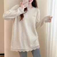 唐狮2025秋冬季毛衣女圆领净色下摆设计感拼接蕾丝边打底衣外穿