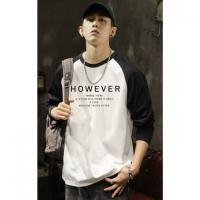 唐狮春秋季新款长袖T恤男撞色拼接圆领宽松上衣插肩袖打底衫潮t