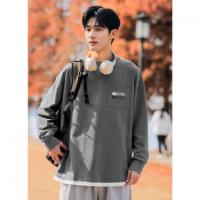 唐狮2025秋季新款长袖T恤男青年假两件印花圆领纯棉打底衫韩版潮