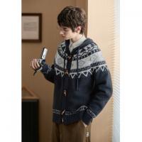 唐狮2026秋冬季男开衫毛衣连帽费尔岛设计感时尚仿牛角扣毛线衫