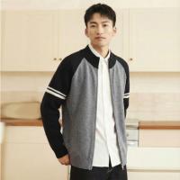 唐狮2026秋冬季毛衣外套男立领插肩袖撞色拼接灰色毛衣开衫时尚潮