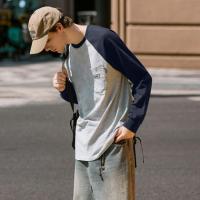 唐狮2025春季新款长袖T恤男撞色拼接上衣宽松插肩袖t设计感打底衫